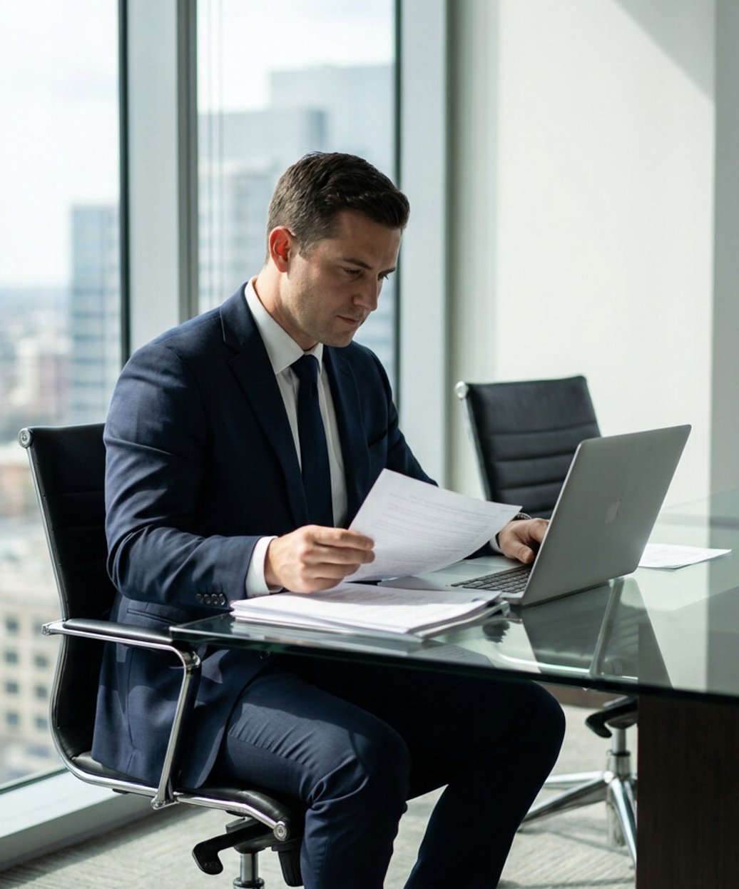 Professional corporate investigator reviewing business documents and digital records in a modern office setting, representing real-world corporate investigations and risk assessment.