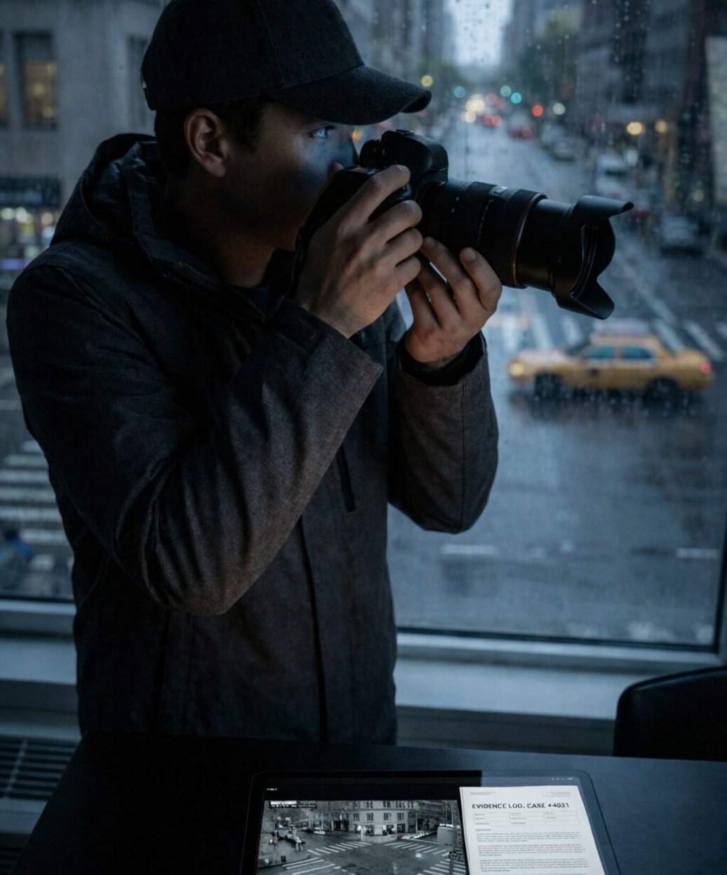 Vertical professional illustration of a private investigator using high-tech surveillance and behavioral analysis tools to examine insurance claim evidence in a city environment, showing science-driven deception detection and investigative professionalism.