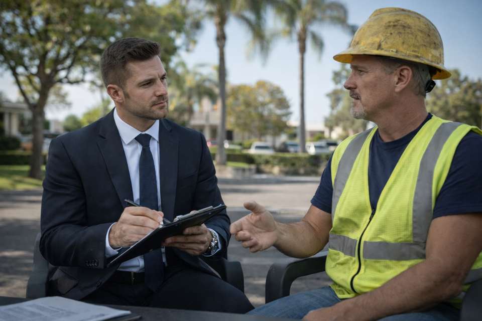 Professional investigator conducting AOE COE investigation field interview in Orange County for workers compensation claim verification