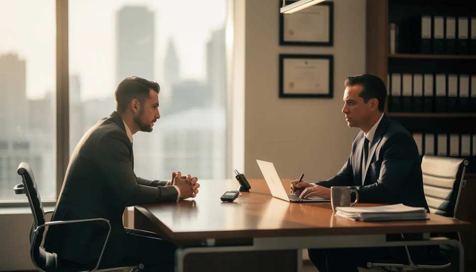 Professional investigator conducting behavioral analysis interview for insurance fraud deception detection in California workers compensation case